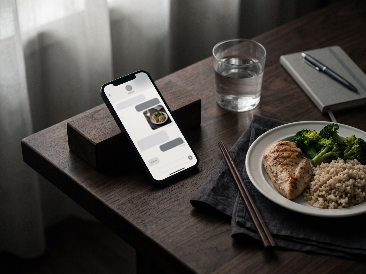 LINEでの食事指導。スマートフォンに届いた食事の記録と、食卓に並んだ食事(イメージ)